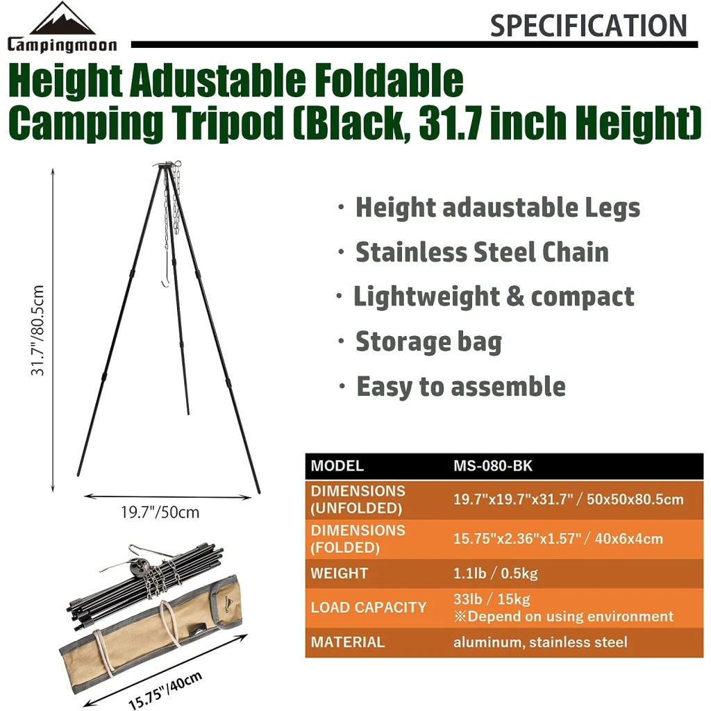 Campingmoon Opvouwbare BBQ Driepoot met draagtas 80cm voor Vuurschalen - Compact Ontwerp Eenvoudige Montage